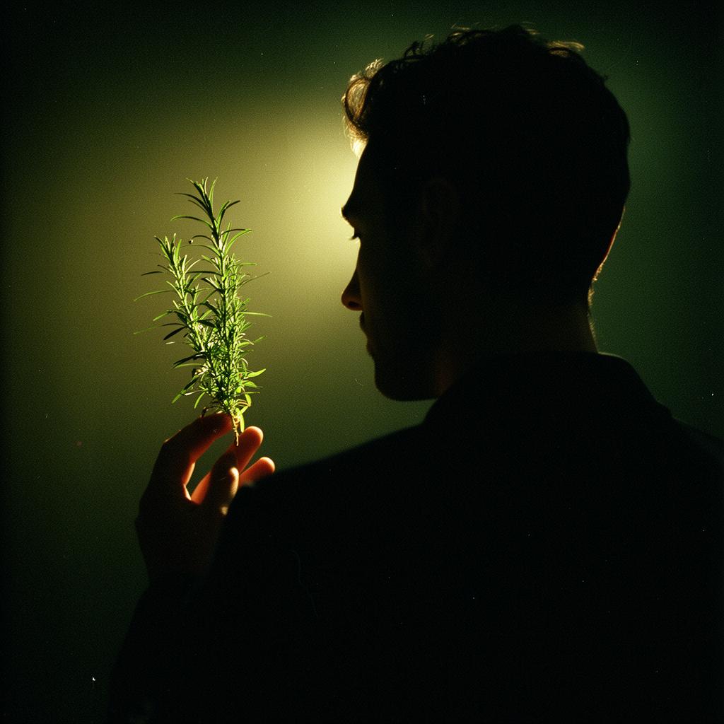 Silhouette anonyme tenant un brin d'estragon dans la lumière